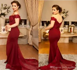 2019 Billiga Burgundy Prom Dress Mermaid Off Shoulder Long Backless Formell Holidays Wear Graduation Evening Party Gown Custom Gjorda Plus Storlek