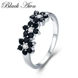 Cute 2.1g 925 Sterling Silver Fine Jewelry Flower Bague Black Spinel Obrączki Obrączki Dla Kobiet Dziewczyna Party Prezent C464