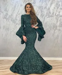 Shiny Dark Green Mermaid Evening Dresses Sequined Long Sleeves Formal Wear Evening Party Gowns Prom Dress Vestido de fiesta Abendkleid