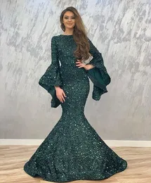 Błyszczące Ciemnozielone Syrenki Suknie Wieczorowe Cekinowe Długie Rękawy Formalne Nosić Suknie Wieczorowe Party Dress Vestido de Fiesta Abendkleid