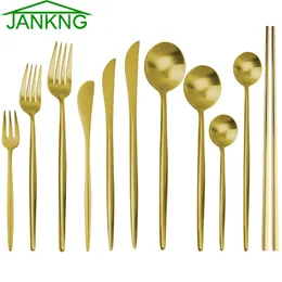 Jankng 6pcs guld rostfritt stål dinnerware sätter gafflar knivar ätpinnar lite sked för kaffe köksartiklar Party tillbehör