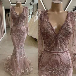 Luksusowy koronki Zroszony Afryki Dubaj Prom Dresses Długie Rękawy Deep V Neck Syrenka Suknie Wieczorowe Vintage Sexy Formalna Party Dress