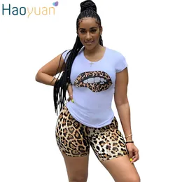 Haoyuan Plus Rozmiar Dwuczęściowy Zestaw Dressuit Lips Krótki Rękaw Topy + Leopard Sports Festival Dopasowanie zestawy 2 sztuki dla kobiet