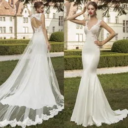 2019 Sexy Syrenki Suknie Ślubne Tanie Open Powrót Odłączany Pociąg Koronki Ivory Koronki I Tulle Overdkirts Beach Sukienka ślubna Nosić Bridal