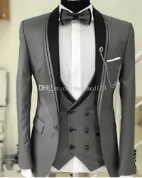 Hohe Qualität One Button Grau Hochzeit Bräutigam Smoking Schal Revers Trauzeugen Männer Formale Prom Anzüge (Jacke + Hose + weste + Krawatte) W174