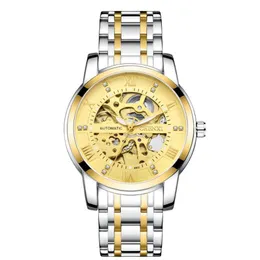 Chenxiのステンレス鋼のゴールドの腕時計防水スポーツ腕時計機械自動アナログダイヤル顔が中空アウトダイヤル