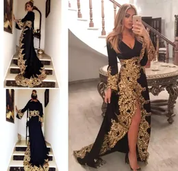 High Quality Black V Neck Long Sleeves Evening Dresses 2019 New Arrival Gold Appliques Holiday Wear Formal Party Prom Gowns Plus Size