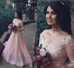 Kollu Yarım Allık Pembe Balo Elbiseleri Omuzdan Sequins V Boyun Süpürme Tren Özel Dantel Aplike Boncuklu EEVENING PART GOWNS