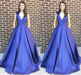 Sexy V-neck 3D Flowers Formal Prom Dresses Royal Blue Satin Evening Gowns With Pockets Draped Special Occasion Dress Women Abendkleid Sweet