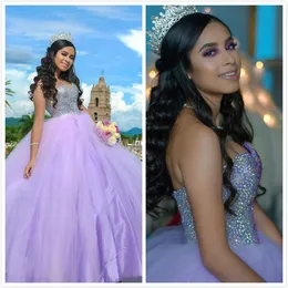 Lilac Crystals Beaded Cheap Quinceanera Prom Dresses Sweetheart Sexy Ball Gown Tulle Evening Party Sweet 16 Dress ZJ106