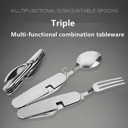 Multifunction Outdoor Camping Picnic Tableware Folding Fork with Spon and Knife Bottle Opener Stainless Steel Cutlery set