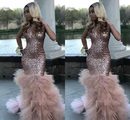 2020 Rose Pink Black Girls Prom Pagant Klänningar Mermaid med Ruffles Sequined V-Neck Zipper Evening Elegant Formell Party Dress Robes DE