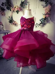 Burgundy Lace Beaded Flower Girl Dresses Tiers Tulle Little Girl Wedding Dresses Vintage Communion Pageant Dresses Gowns F279