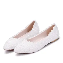 Pregnant Women Flat Heel Women Shoes Pointed Toe Floral Lace Wedding Shoes White Ladies Flower Shoes Women