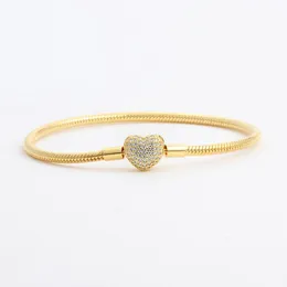 Yellow Gold Plated CZ Diamond Heart Bracelets Original Box Set Sier Snake Chain Bracelet for Women Wedding Jewelry