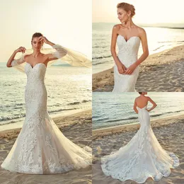 2019 Eddy K Beach Mermaid Bröllopsklänningar Sexiga Sweetheart White Boho Bridal Gowns Abiti da Sposa Backless Abito da Sposa i Cristallo Corto