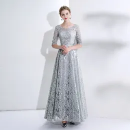 Silver Lace Embroidery Long Evening Dresses with Half Sleeves Robes 2019 Bling Prom Dresses Floor Length Party Gowns