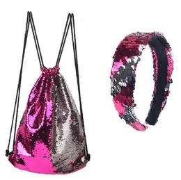 Outdoor Backpack Drawstring Bag +hair band Sequins Sequin Reversible Sports Shoulder Travel Rope pulling Bag 2022