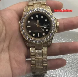 골드 다이아몬드 패션 시계 블랙 대형 다이얼 40mm 골드 스테인레스 스틸 다이아몬드 시계 남성 달력 자동 시계 무료 배송