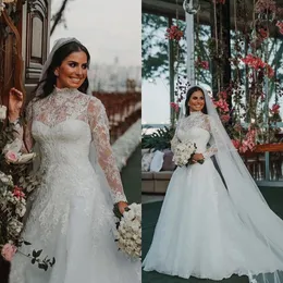 Modest Lace A Line Wedding Dresses High Neck Long Sleeves Bridal Gowns Sweep Train Plus Size robe de mariée