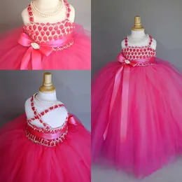 2020 Suknia Balowa Kwiat Dziewczyny Sukienki Frezowanie Spaghetti Ręcznie Made Flower Dress Puffy Kids Birthday Party Wear