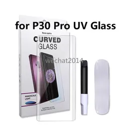 Hurtownie 300 sztuk UV Pełny Klej Lampa Szklana Płyn Ekran UV Protector Przyjazny dla Huawei P30 Pro Mate 20 Pro Free DHL