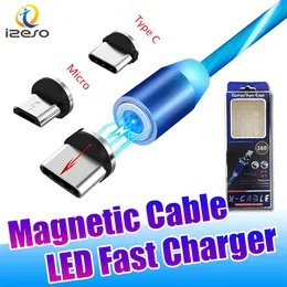 2A LED Flowing Light Magnetic Cable Wireクイック充電USBケーブルタイプC高速充電TPE充電コードラインと小売パッケージIZESO
