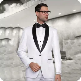 Yepyeni Beyaz Damat smokin Siyah Şal Yaka Sağdıç Düğün 3 Adet Suit Moda Erkekler İş Ceket Blazer (Ceket + Pantolon + Kravat + Vest) 2661