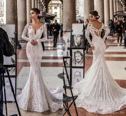 Nuovi abiti sexy a sirena firmati con scollo a V a maniche lunghe con applicazioni in pizzo sulla schiena e abiti da sposa Robe De Mariee