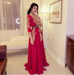 Röd chiffong marockansk kaftan formell kväll klänningar v neck 3/4 ärmar guld spets approcessar arabiska en linje prom parti muslim klänning bälte