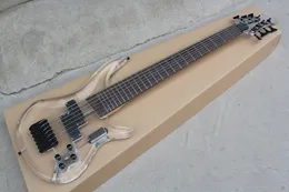 Fabrikspezifische 7-saitige transparente E-Bassgitarre mit Acrylglaskörper, Palisandergriffbrett, schwarzer Hardware, individuelles Angebot