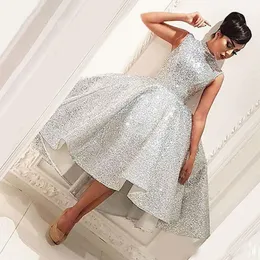 Bling Muslim Evening Dresses 2022 Tea Length Seuqins Islamic Dubai Saudi Arabic Long Formal Evening Gown Short Prom Dress