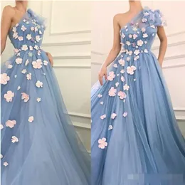 Prom Sky Blue Dresses One Shoulder A Line Pink D Floral Applique Tulle Custom Made Formal Ocn Party Wear Pplique