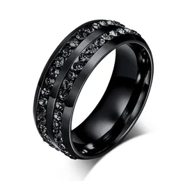 Coola män punk 8mm rostfritt stål guldfärg dubbel rad cubic zircon engagemang bröllopsring för man kvinna