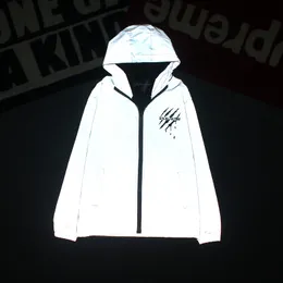 Hot Style Męskie kurtki męskie pazur nadruk odblaskowy z kapturem wiatrówki wodoodporne Hip Hop Streetwear Płaszcze nocne lśnienie