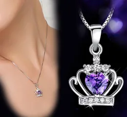 925 Sterling Silver Jewelry Austrian Crystal Crown Wedding Pendant Purple/Silver Water Wave Necklace GB1460