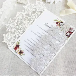 50pcs Christmas Snowflake invitations snow Flower Laser Cut Wedding Invitation Card custom white Lace Invites