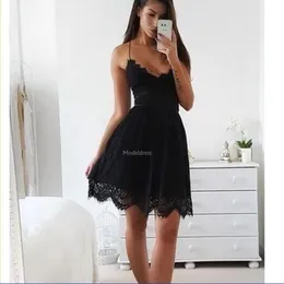 섹시한 블랙 레이스 동창회 드레스 스파게티 A 라인 짧은 미니 정장 파티 이브닝 ​​가운 현대 특별 행사 드레스 저렴한 Vestido