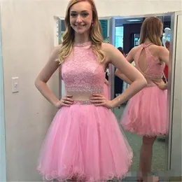 홈 커밍 귀여운 핑크 드레스 2 조각 레이스 크리스탈 보석 목에 비즈 칼라 후배 졸업식 테일 파티 댄스 파티 가운