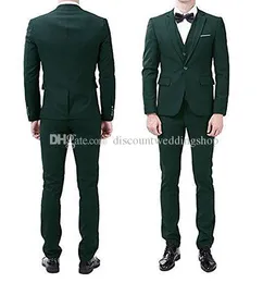 Back Vent Dark Green Groom Tuxedos Slim Passar Notch Lapel Män Bröllopsfest Klänning 3 stycken Business Passar (Jacka + Byxor + Vest + Tie) K118