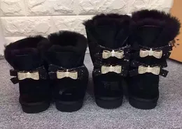 Women single double diamond Snow boots female winter Cow Split leather bow rhinestone crown warm thick Cotton Shoe Boot