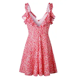 Fashion-2019 Lato Kobiety Plaża Krótka Sukienka Boho Floral Wzburzyć V Neck Backless Dress Dress Casual Plised Mini Sun Red Clore