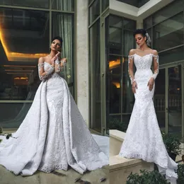 African Mermaid New Wedding Dresses Off Shoulder Long Sleeves Full Lace Overskirts Open Back Detachable Train Formal Bridal Gowns