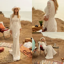 2020 Country Mermaid Wedding Dresses Lace Long Sleeves V Back Sweep Train Boho Bridal Gowns Custom Made robe de mairee