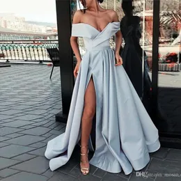Elegant Off the Shoulder Red Party Gown Satin Sexy Prom Dress Sky Blue High Slit Plus Size Prom Dresses NEW Long vestido fiesta