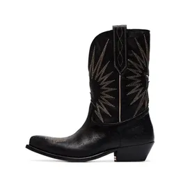 Hot Sale-Retro Mid-Calf Western Boots Kvinnor Sömnad Stjärna Äkta Läder Botas Mysigt Spetsigt Toe Chunky Heel Booties Fashion Botas Mujer Mujer