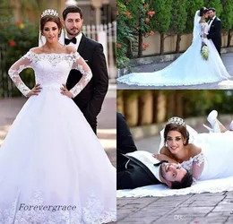 2019 Classical Long Sleeves Wedding Dress Arabic Lace Appliques Off the Shoulder Bridal Gown Custom Made Plus Size