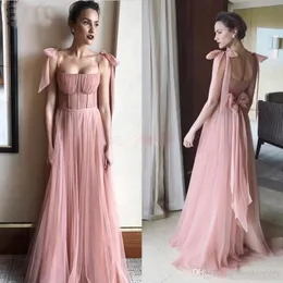 Sexy Cheap Dusty Pink A Line Prom Dresses Senza spalline Tulle Abito formale Abiti da sera Bow Abiti da festa Ruffles Abiti da festa celebrità