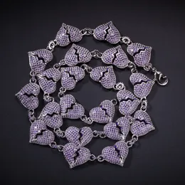 New Iced Out Purple Zircon Heart Broken Chain Necklace for Men Women Hip Hop Jewelry Gift