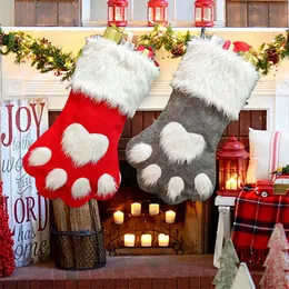 Ornamento da árvore do cão Decoração de Natal da pata Sock presente saco vermelho cinzento do Natal Stocking Non Woven Saco dos doces do Natal Xmas presente VT0754